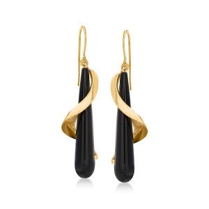 Black Onyx Spiral Drop Earrings in 14kt Yellow Gold