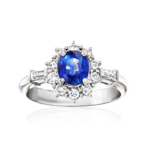 C. 1990 Vintage 1.61 Carat Sapphire and .60 ct. t.w. Diamond Ring in Platinum. Size 7