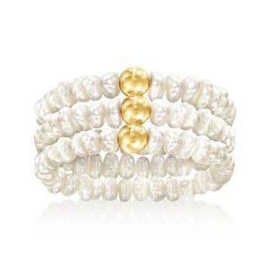3-4mm Cultured Pearl Jewelry Set: Three Stretch Rings with 14kt Yellow Gold