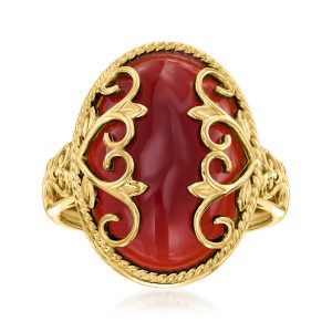 Red Agate Heart Scroll Ring in 18kt Gold Over Sterling