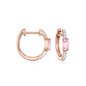 .20 ct. t.w. Pink Sapphire and .11 ct. t.w. Diamond Huggie Hoop Earrings in 14kt Rose Gold. 3/8"