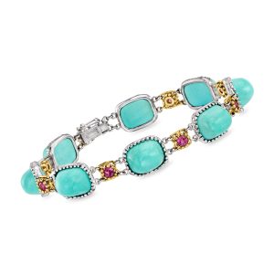 C. 1990 Vintage Turquoise and 1.20 ct. t.w. Rhodolite Garnet Bracelet in 18kt Two-Tone Gold. 7.5"