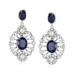 4-4.5mm Cultured Pearl and 11.00 ct. t.w. Sapphire Drop Earrings with 6.40 ct. t.w. White Topaz in Sterling Silver