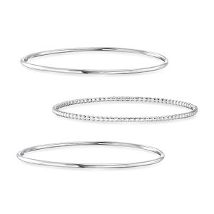 Italian Sterling Silver Jewelry Set: Three Polished and Beaded Bangle Bracelets