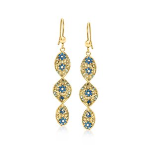 Italian Tonal Blue Enamel Floral Twisted Drop Earrings in 18kt Gold Over Sterling