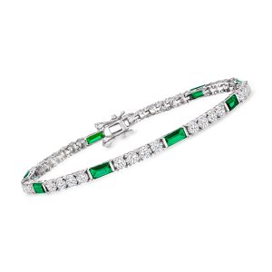 3.70 ct. t.w. CZ and 3.20 ct. t.w. Simulated Emerald Tennis Bracelet in Sterling Silver