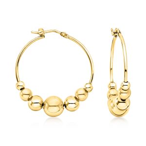 Italian 18kt Gold Over Sterling Graduated Bead Hoop Earrings. 1 1/4"