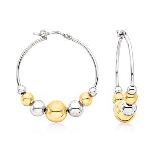 Italian Sterling Silver and 18kt Gold Over Sterling Graduated Bead Hoop Earrings. 1 1/4"