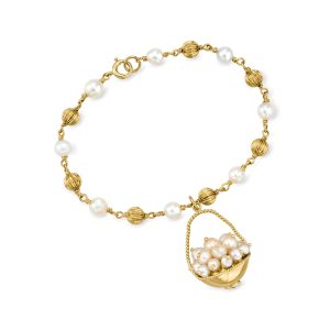 C. 1990 Vintage 4.5-5.5mm Cultured Pearl Basket Charm and Bead Station Bracelet in 14kt Yellow Gold. 7.5"