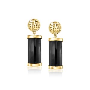 Black Agate "Good Fortune" Drop Earrings in 18kt Gold Over Sterling