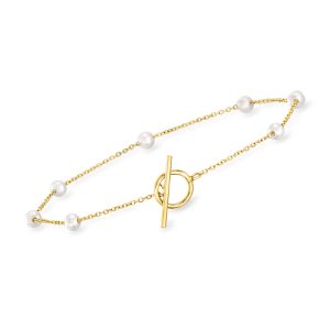 3-3.5mm Cultured Pearl Station Toggle Bracelet in 14kt Yellow Gold