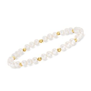 4-5mm Cultured Pearl and 14kt Yellow Gold Bead Stretch Bracelet