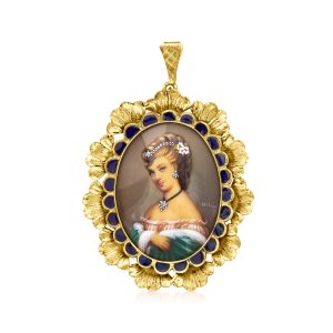 C. 1950 Vintage Painted Portrait Pin/Pendant with Enamel in 18kt Yellow Gold