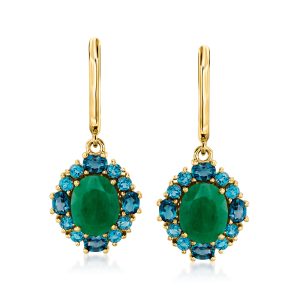 5.50 ct. t.w. Emerald and 2.80 ct. t.w. London Blue Topaz Drop Earrings in 18kt Gold Over Sterling