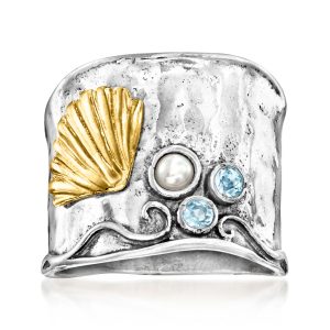 2.75-3mm Cultured Pearl and .10 ct. t.w. Swiss Blue Topaz Shell Ring in Sterling Silver and 18kt Gold Over Sterling