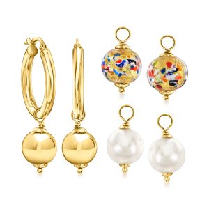 Italian 18kt Gold Over Sterling Jewelry Set: Hoop Earrings and Three Pairs of Interchangeable Drops