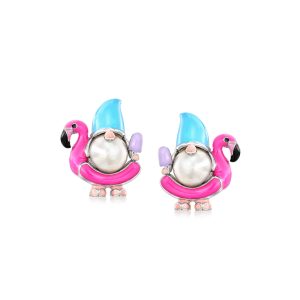 6.5-7mm Cultured Pearl and Multicolored Enamel Flamingo Floatie Gnome Earrings in Sterling Silver