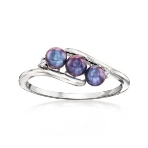 3.5-4mm Black Cultured Pearl Ring with Diamonds in Sterling Silver