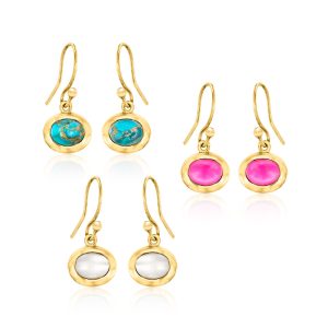 Turquoise, 6x8mm Cultured Pearl and 2.00 ct. t.w. Pink Chalcedony Jewelry Set: Three Pairs of Drop Earrings in 18kt Gold Over Sterling
