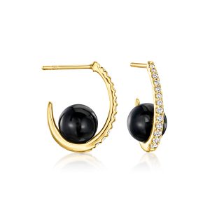 Onyx and .30 ct. t.w. White Topaz C-Hoop Earrings in 18kt Gold Over Sterling. 3/4"