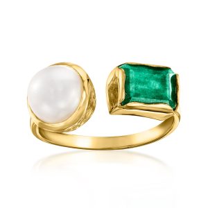 8-8.5mm Cultured Pearl and 1.90 Carat Emerald Toi et Moi Ring in 18kt Gold Over Sterling