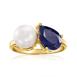 7.5-8mm Cultured Pearl and 2.80 Carat Sapphire Toi et Moi Ring in 18kt Gold Over Sterling