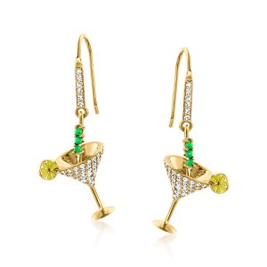 1.50 ct. t.w. White Topaz and .10 ct. t.w. Emerald Martini Cocktail Drop Earrings with Yellow Enamel in 18kt Gold Over Sterling