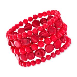 6-13mm Red Coral Jewelry Set: Five Stretch Bracelets. 7"