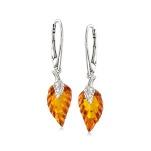 Amber Leaf Drop Earrings in Sterling Silver