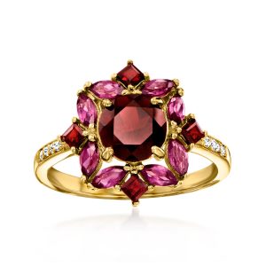 1.90 ct. t.w. Garnet and .80 ct. t.w. Rhodolite Garnet Ring with .10 ct. t.w. White Topaz in 18kt Gold Over Sterling