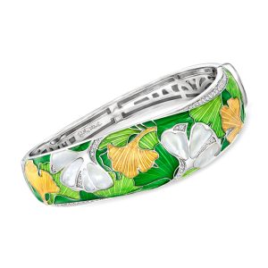 Belle Etoile "Gingko" Mother-of-Pearl and .20 ct. t.w. CZ Bangle Bracelet with Multicolored Enamel in Sterling Silver. 7.5"