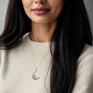 Sterling Silver Floral Moon Pendant Necklace with 14kt Yellow Gold. 18"