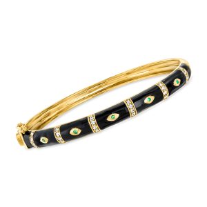 .40 ct. t.w. White Topaz Evil Eye Bangle Bracelet with Emeralds and Black Enamel in 18kt Gold Over Sterling