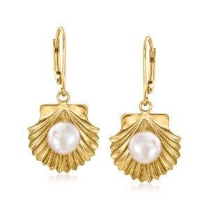 8-8.5mm Cultured Pearl Seashell Drop Earrings in 18kt Gold Over Sterling