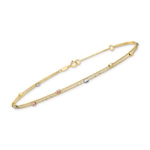 14kt Tri-Colored Gold Two-Strand Bead Station Anklet. 9"