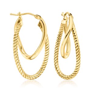 Italian 10kt Yellow Gold Double-Oval Hoop Drop Earrings. 1 1/4"