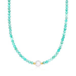 8.5-9mm Cultured Pearl and 4-4.5mm Amazonite Bead Necklace with 18kt Gold Over Sterling