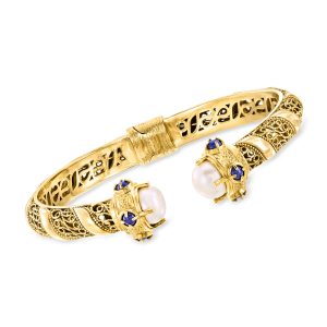 8-8.5mm Cultured Pearl Cuff Bracelet with Lapis in 18kt Gold Over Sterling. 7"