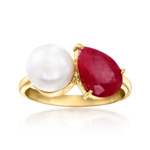 7.5-8mm Cultured Pearl and 3.00 Carat Ruby Toi et Moi Ring in 18kt Gold Over Sterling
