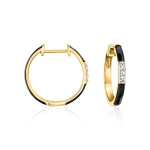 Black Enamel and Diamond Hoop Earrings in 18kt Gold Over Sterling. 5/8"