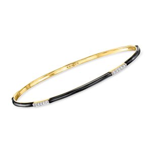 Black Enamel and .25 ct. t.w. Diamond Bangle Bracelet in 18kt Gold Over Sterling. 7"