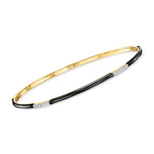 Black Enamel and .25 ct. t.w. Diamond Bangle Bracelet in 18kt Gold Over Sterling. 7"