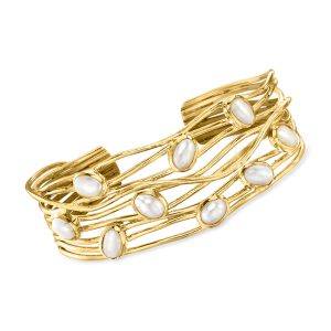 7x5mm Cultured Pearl Highway Cuff Bracelet in 18kt Gold Over Sterling