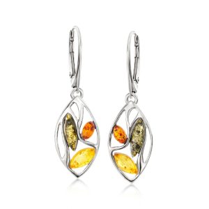 Multicolored Amber Leaf Drop Earrings in Sterling Silver