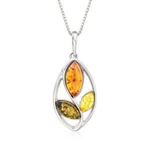 Multicolored Amber Leaf Pendant Necklace in Sterling Silver