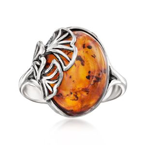 Amber Ginkgo Leaf Ring in Sterling Silver