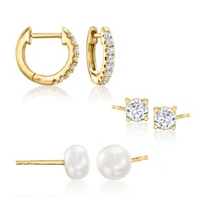 6-6.5mm Cultured Pearl and .60 ct. t.w. CZ Jewelry Set: Three Pairs of Earrings in 18kt Gold Over Sterling