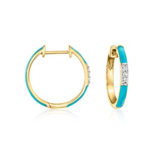 Turquoise Enamel and Diamond Hoop Earrings in 18kt Gold Over Sterling. 5/8"