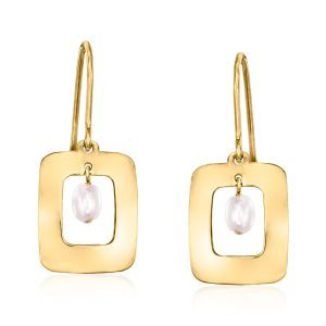 3-3.5mm Cultured Pearl Geometric Drop Earrings in 10kt Yellow Gold