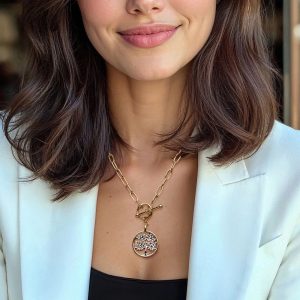 Italian .20 ct. t.w. Diamond Tree of Life Paper Clip Link Necklace in 18kt Gold Over Sterling and Sterling Silver. 18"